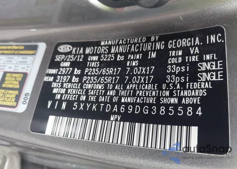 2013 Kia Sorento Lx z USA, uszkodzony, nr VIN 5XYKTDA69DG385584